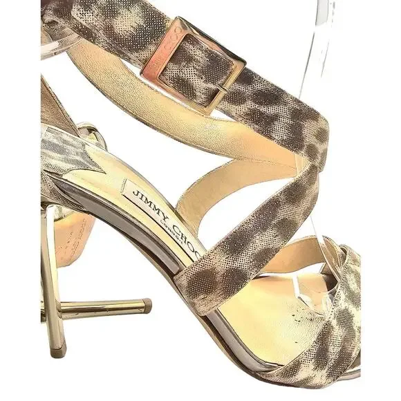 Jimmy Choo Louise Gold Leopard-Print Mirrored Heel Sandal - Picture 5 of 8